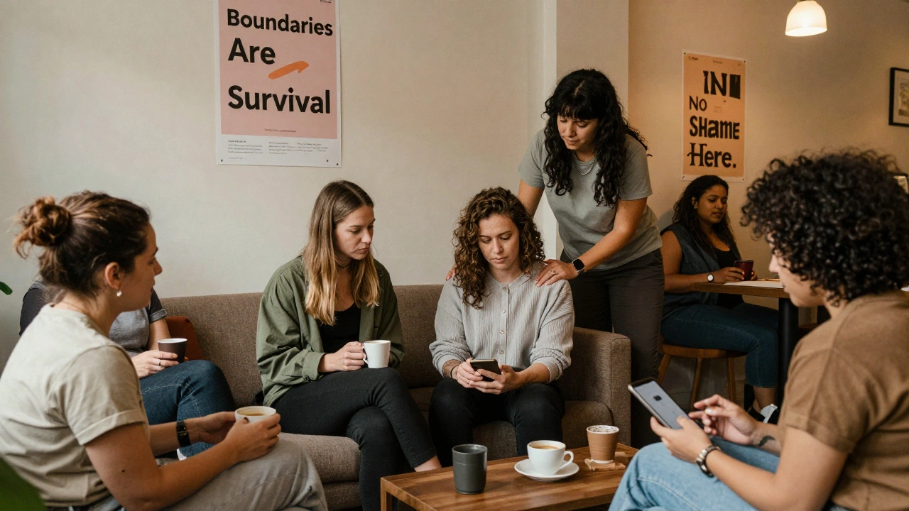 A group of sex workers share quiet support in a community space, exchanging care and connection over coffee.