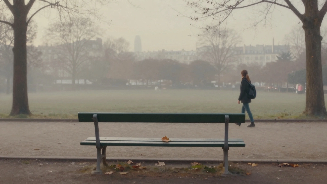 A lone woman walking away from a park bench at dawn in Paris.