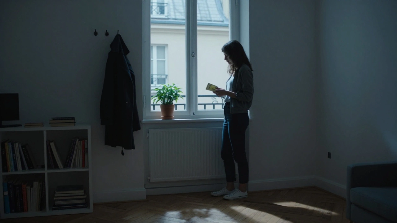 A woman holding cash in a quiet, tidy studio apartment in Paris.
