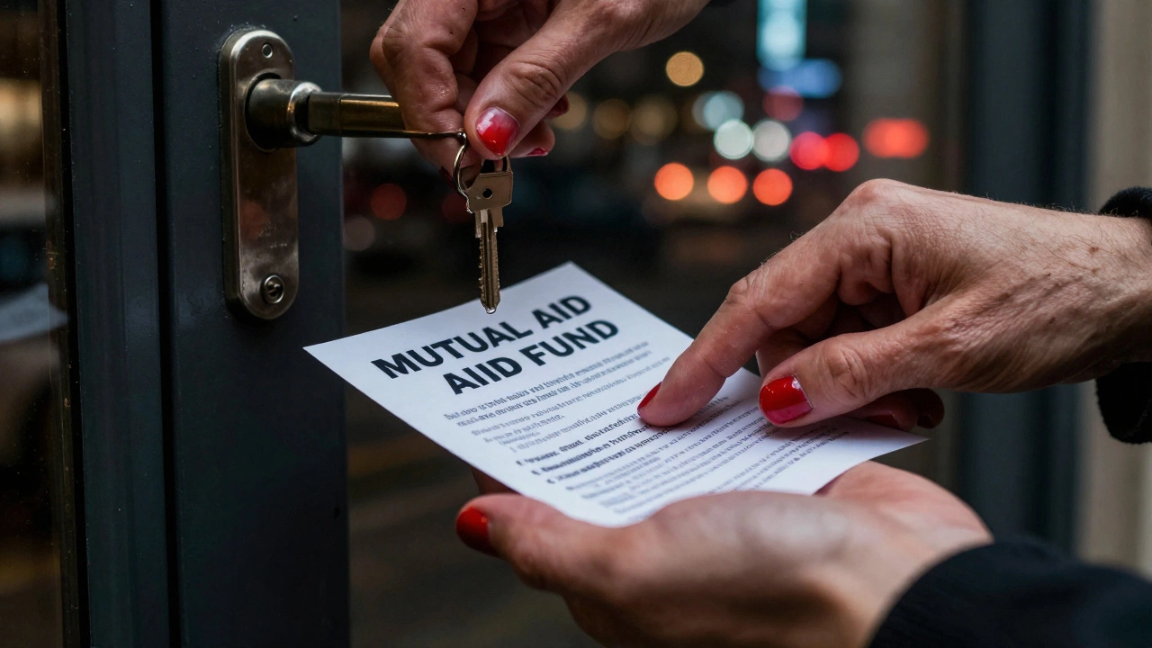 Hands exchange a mutual aid flyer in a city at night, symbolizing solidarity and reclaiming control.